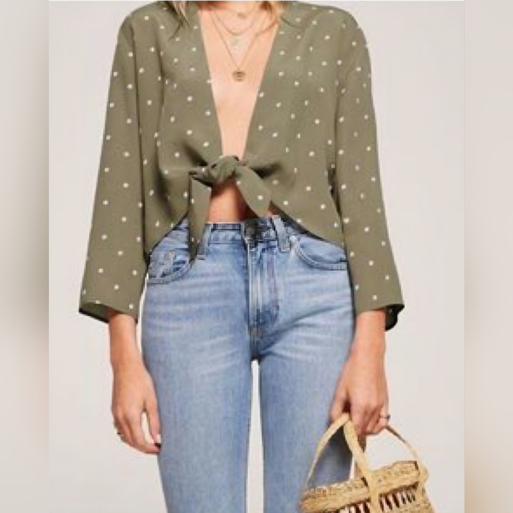Reformation Olive Tie-Front Blouse with White Dots
